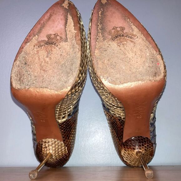 Francesco Sacco, Authentic & Exotic Python Snakeskin Gold Metal Spike Stilettos - Picture 13 of 14